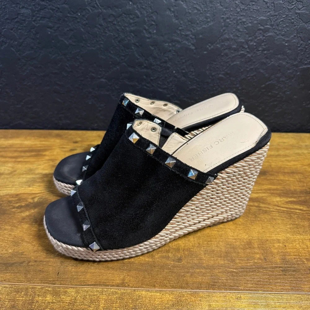 Marc Fisher Zyme 2 Black Suede Studded Wedge Sandals‎ Womens 8.5M